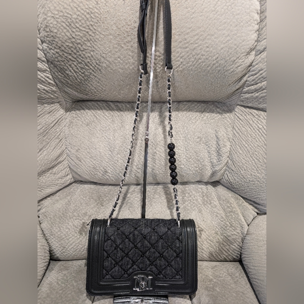 Badgley Mischka Black Denim/vegan leather Crossbody- NWT- NO CALL OUTS, 10x6x4"